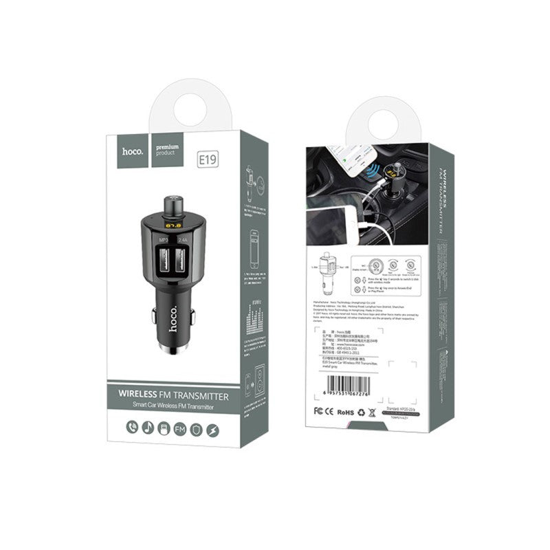 HOCO E19 Smart – Trasmettitore FM Wireless per Auto con Doppia Porta USB 2.4A