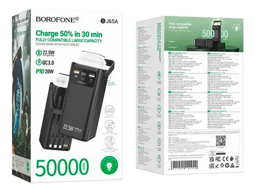 Power Bank J65A Borofone BJ65A 50.000 mAh – 4 Cavi Integrati, Ricarica Rapida 22,5 W QC3.0 + 20 W PD, Display LED e Torcia