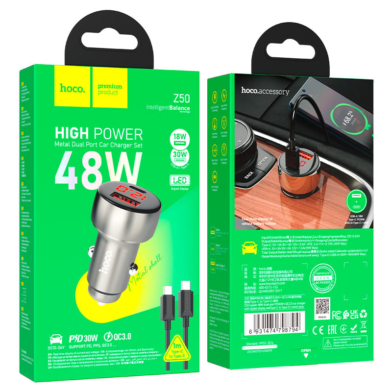 Caricabatterie da Auto HOCO Z50 | Doppia Porta Type-C a Type-C | Ricarica Rapida 36W