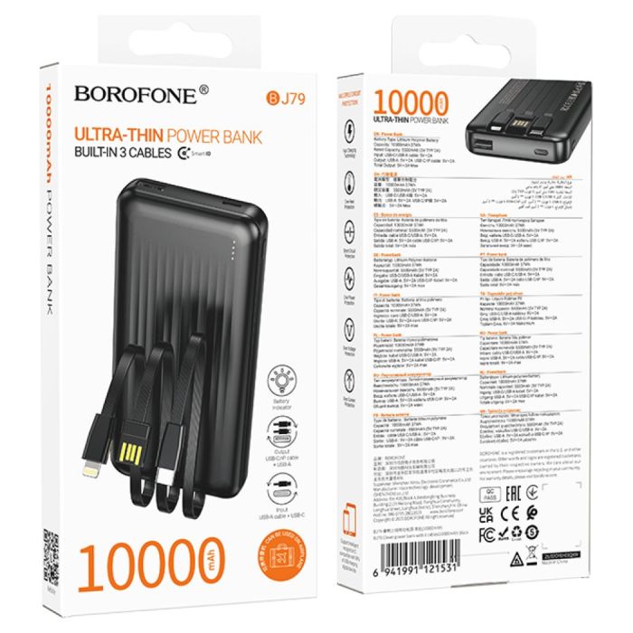 Power Bank Borofone BJ79 Clever 10.000 mAh – Cavi Integrati USB-C e Lightning, Porta USB-A, Display LED e Design Compatto