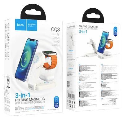 HOCO CQ3 Caricabatterie Wireless 3 in 1 MagSafe – Ricarica Rapida 15W per iPhone, Apple Watch, AirPods – Design Pieghevole, Bianco