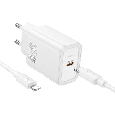 Caricabatterie da muro per telefono Hoco USB C QC PD 30W + cavo USB C a Lightning N62 bianco