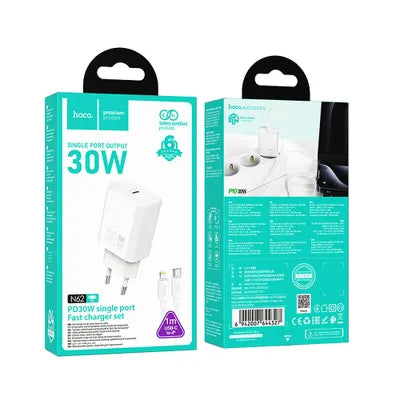 Caricabatterie da muro per telefono Hoco USB C QC PD 30W + cavo USB C a Lightning N62 bianco