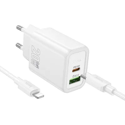 Caricabatterie Hoco N61 – Doppia Uscita USB-C 20W + USB-A 18W con Cavo USB-C/Lightning | Ricarica Rapida PD & QC3.0