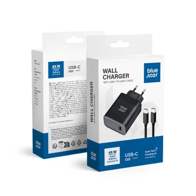 Caricabatterie per telefono Blue Star USB C QC4.0 PD 3A 45W + cavo USB C a USB C TFB-TC-45WPD nero