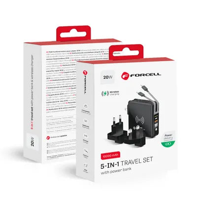Forcell F-Energy 5 in 1 Caricabatterie multifunzione USB A + USB C PD 20W + Cavo USB C / Lightning + Power Bank 10000 mAh + Ricarica wireless 15W Nero