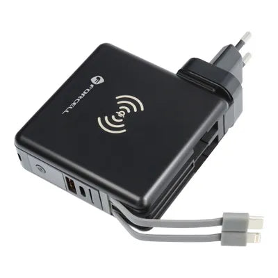 Forcell F-Energy 5 in 1 Caricabatterie multifunzione USB A + USB C PD 20W + Cavo USB C / Lightning + Power Bank 10000 mAh + Ricarica wireless 15W Nero