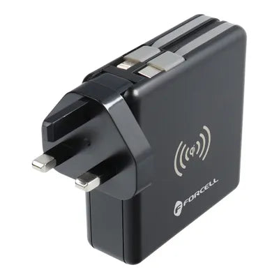 Forcell F-Energy 5 in 1 Caricabatterie multifunzione USB A + USB C PD 20W + Cavo USB C / Lightning + Power Bank 10000 mAh + Ricarica wireless 15W Nero