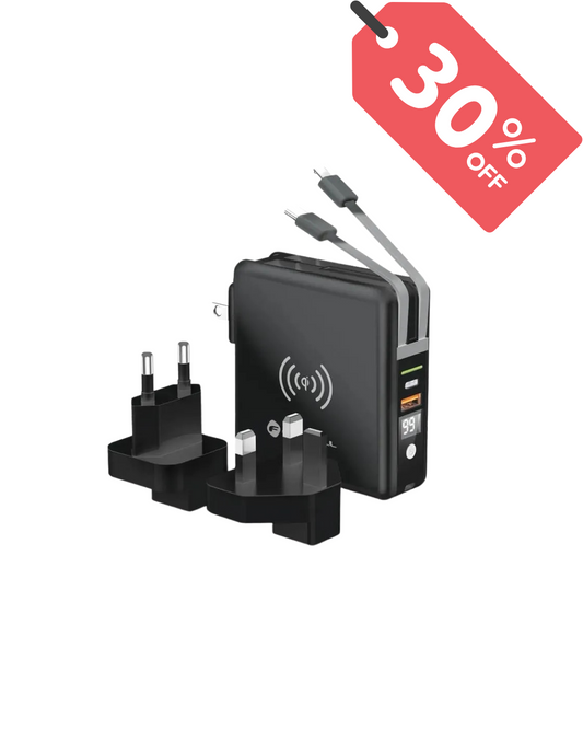 Forcell F-Energy 5 in 1 Caricabatterie multifunzione USB A + USB C PD 20W + Cavo USB C / Lightning + Power Bank 10000 mAh + Ricarica wireless 15W Nero