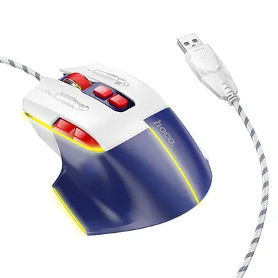 HOCO GM31 Mouse da Gioco Cablato – Sensore Ottico 3600 DPI, 7 Pulsanti Programmabili, USB, Design Ergonomico – Bianco/Blu Multicolore