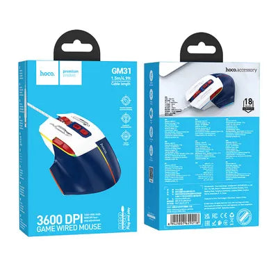 ماوس الألعاب السلكي HOCO GM31 - USB A، مستشعر 3600 نقطة في البوصة، 7 أزرار - أبيض أزرق متعدد الألوان