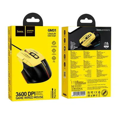 ماوس الألعاب السلكي HOCO GM31 - USB A، مستشعر 3600 نقطة في البوصة، 7 أزرار - أبيض أزرق متعدد الألوان