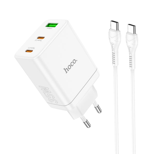Hoco N33 – Caricabatterie 2XUSB-C 35W + USB QC 3.0 con cavo Type-C to Type-C – Bianco