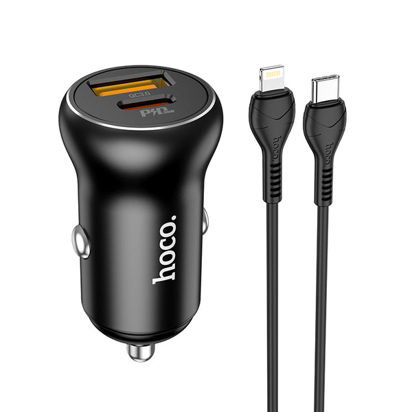 Hoco NZ5 – Caricabatterie da auto USB-C 30W + USB QC 30W con cavo Type-C to Lightning – Nero