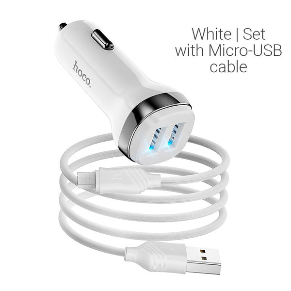 Hoco Z40 – Caricabatterie da auto 2X USB 2.4A con cavo Micro-USB – Bianco