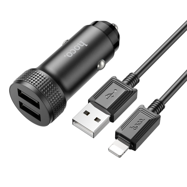 Hoco Z49 – Caricabatterie da auto 2X USB 2.4A con cavo Lightning – Nero