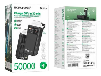 Power Bank J65A Borofone BJ65A 50.000 mAh – 4 Cavi Integrati, Ricarica Rapida 22,5 W QC3.0 + 20 W PD, Display LED e Torcia
