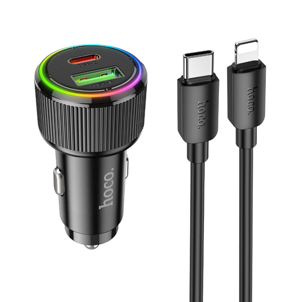 Hoco NZ14A – Caricabatterie da auto USB-C PD 38W + USB QC3.0 con cavo Type-C to Lightning – Nero