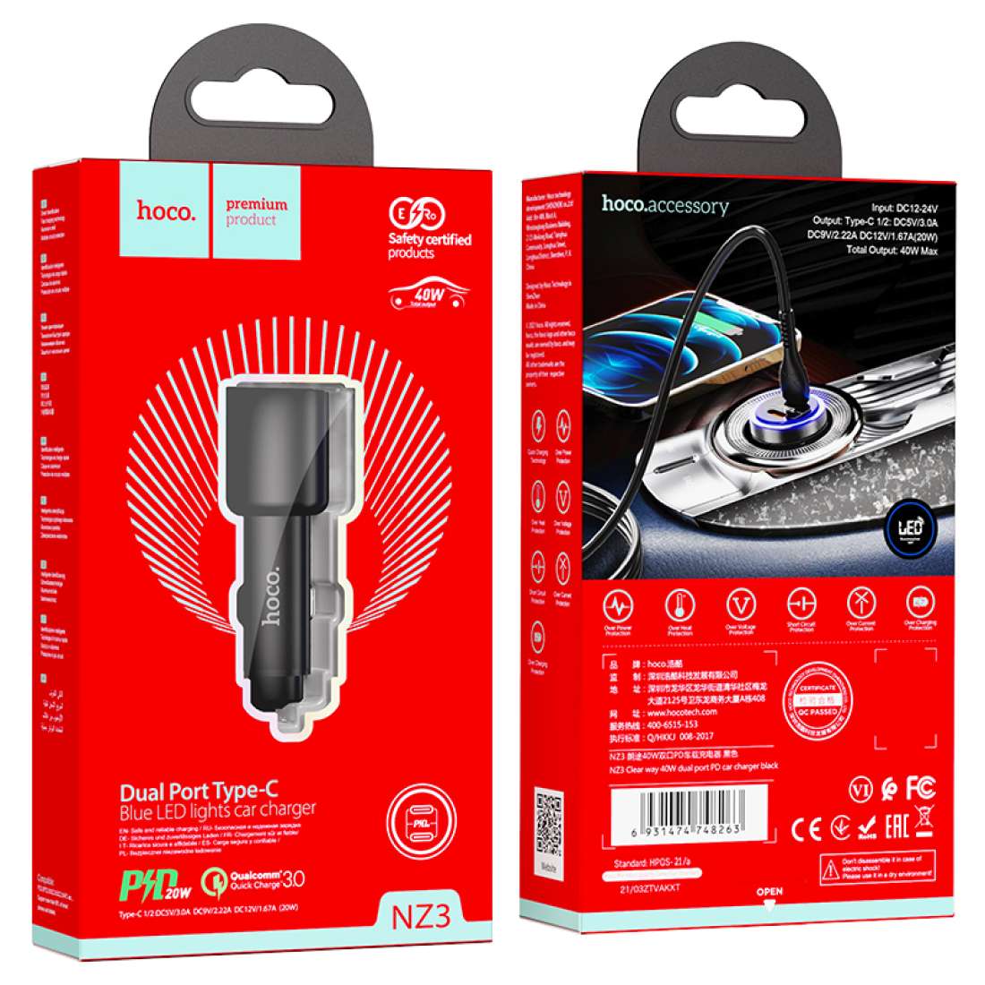 HOCO NZ3 Clear Way – Caricabatterie da Auto Doppio USB-C PD 40W