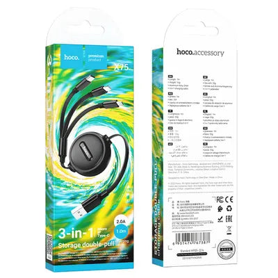 Cavo 3 in 1 da USB A a Lightning / Micro USB / USB C Hoco 2A 1 m X75 nero