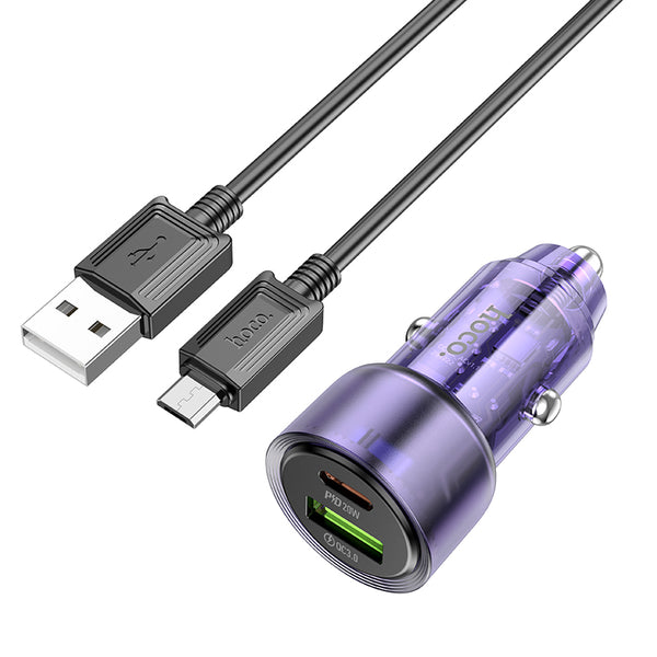 Hoco Z52 – Caricabatterie da auto USB-C 38W + USB QC 18W con cavo Micro-USB - Transparent Purple