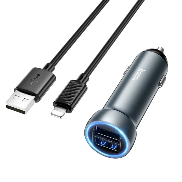 Hoco Z54 – Caricabatterie da auto 2X USB 2.4A con cavo Lightning – Grigio metallo
