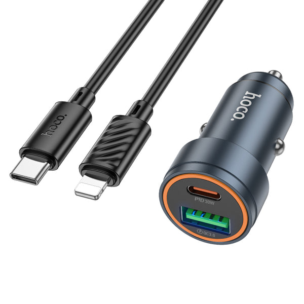 Hoco Z57A – Caricabatterie da auto USB-C PD 30W + USB QC3.0 con cavo Type-C to Lightning – Grigio metallo