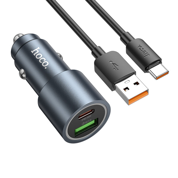 Hoco Z60 – Caricabatterie da auto 48W USB-C PD 30W + USB QC3.0 con cavo Type-C – Grigio metallo