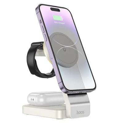 HOCO CQ3 Caricabatterie Wireless 3 in 1 MagSafe – Ricarica Rapida 15W per iPhone, Apple Watch, AirPods – Design Pieghevole, Bianco