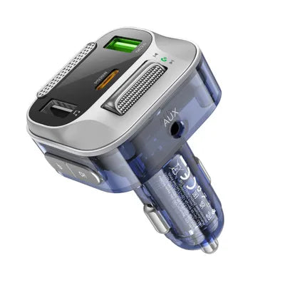 شاحن سيارة HOCO Bravery E75 - منفذان USB A + USB C، جهاز إرسال FM بتقنية بلوتوث، شحن سريع PD QC3.0 بقوة 30 وات - أزرق داكن