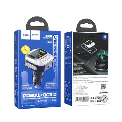 شاحن سيارة HOCO Bravery E75 - منفذان USB A + USB C، جهاز إرسال FM بتقنية بلوتوث، شحن سريع PD QC3.0 بقوة 30 وات - أزرق داكن