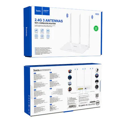 Router Wi-Fi Hoco HI30 – Wireless 300 Mbps, Antenne 5 dBi, 4 Porte RJ45, Chip MT7628KN, WiFi4 (802.11b/g/n)