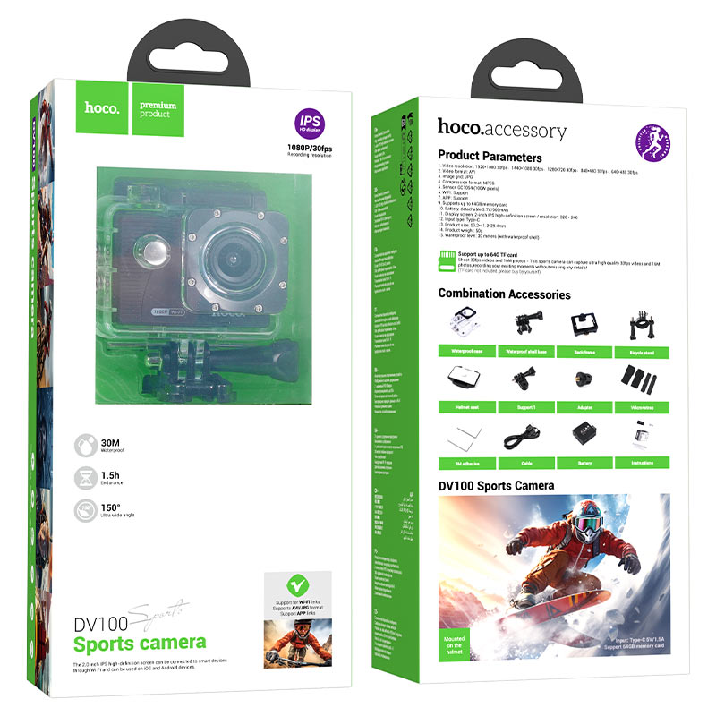 Hoco DV100 Videocamera Sportiva 1080p 30fps con Schermo 2" – Nera + Cuffie con Microfono