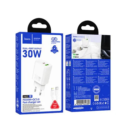 Caricabatterie per telefono Hoco USB A + USB C QC3.0 PD 3A 30W + cavo USB C a Lightning N63