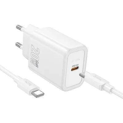 Caricabatterie da muro per telefono Hoco USB C QC PD 20W + cavo da USB C a USB C N60 bianco