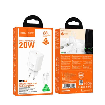 Caricabatterie da muro per telefono Hoco USB C QC PD 20W + cavo da USB C a USB C N60 bianco
