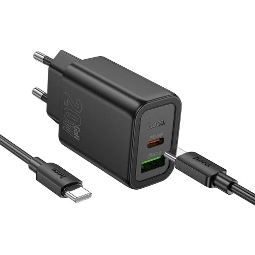 Caricabatterie Hoco N61 USB-C 20W + USB-A QC3.0 18W con Cavo Type-C – Ricarica Rapida e Sicura