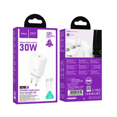 Caricabatterie per telefono Hoco USB C QC PD 30W + cavo USB C a USB C N62 bianco