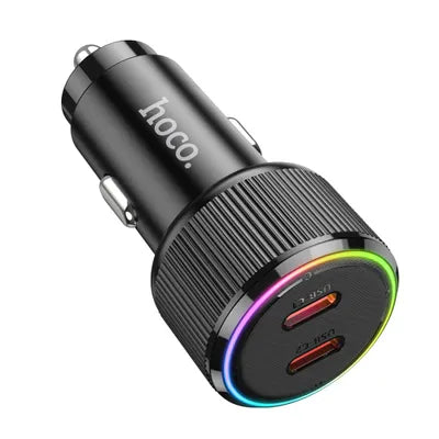 Caricabatterie da Auto Hoco NZ14B 50W – Doppia Uscita USB-C PD30W + QC3.0 | Ricarica Rapida con LED e Corpo in Alluminio