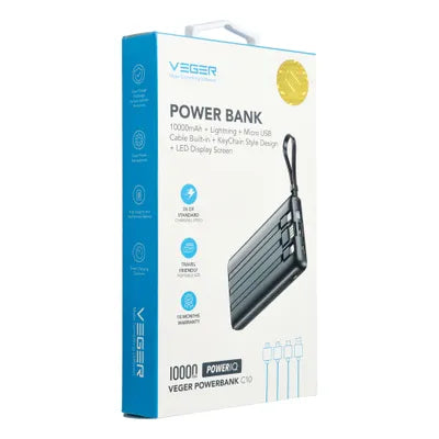 VEGER Batteria esterna (Powerbank) C10 - 10.000mAh (Micro + Tipo C + Lightning 8 pin) nero (W1116)
