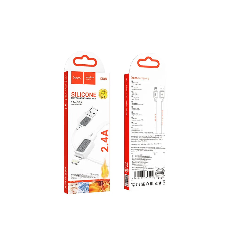 Hoco X108 – Cavo USB-A a Lightning 1m in Silicone, Ricarica Rapida 2.4A e Trasferimento Dati