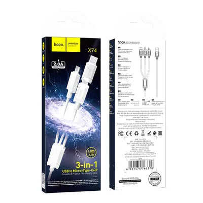 Cavo 3 in 1 da USB A a Lightning / Micro USB / USB C Hoco 2A 1 m X74